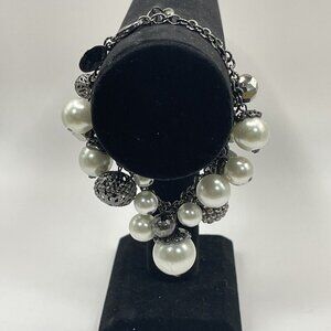 Bracelet Pewter Metal & Pearl Round Square 7.5" Adjustable